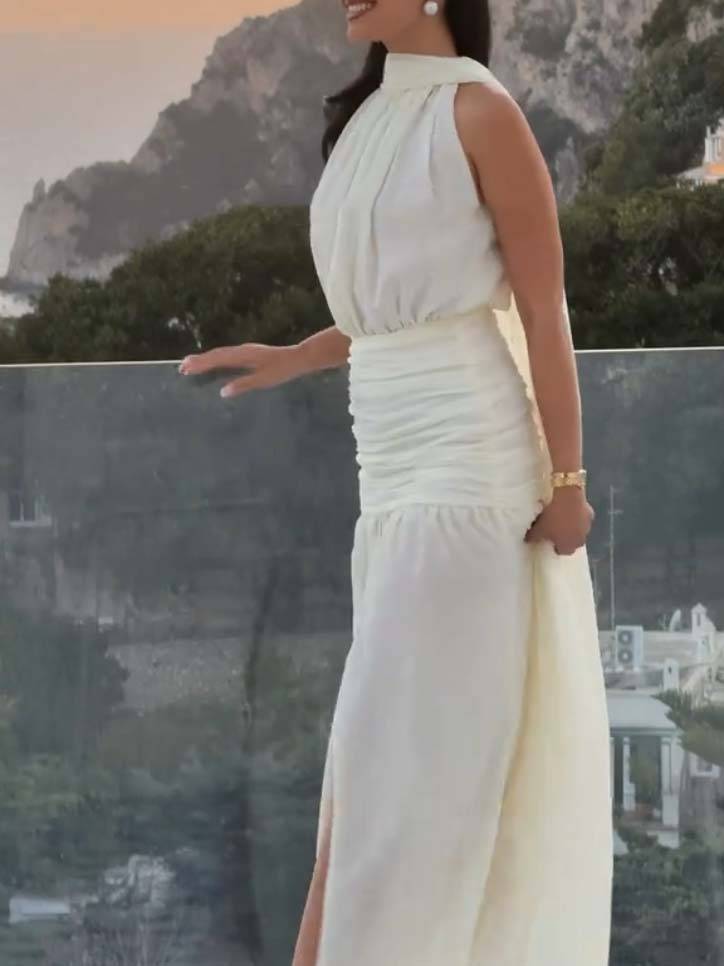 Romantic Scarf Waist Pleated Split Maxi Dress