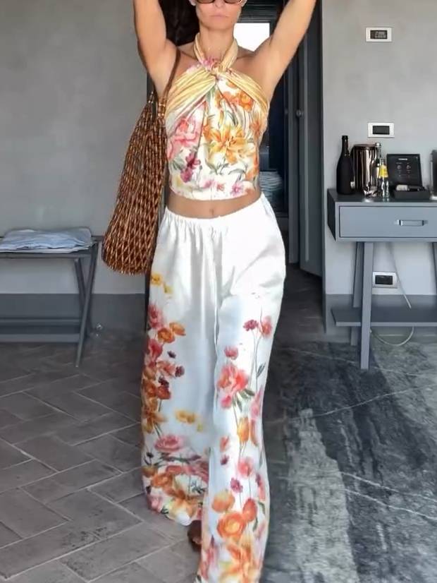 Vacation Style Floral Print Scarf Top And Wide Leg Pants Set-Top