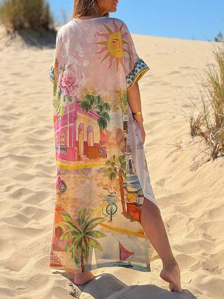 Unique V-Neck Tung Palm Print Slit Maxi Dress