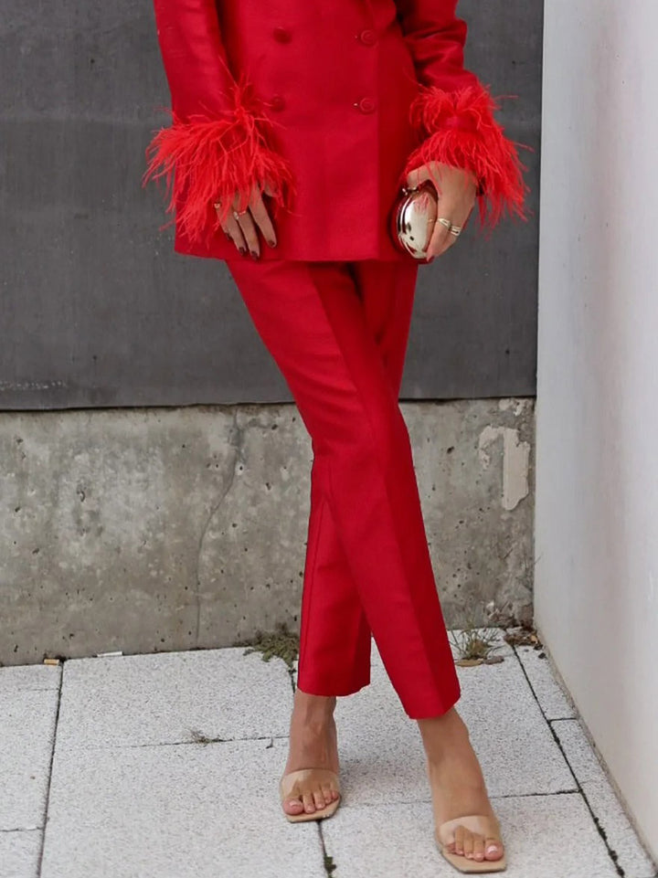 Elegant Satin Feather-embellished Double-breasted Blazer