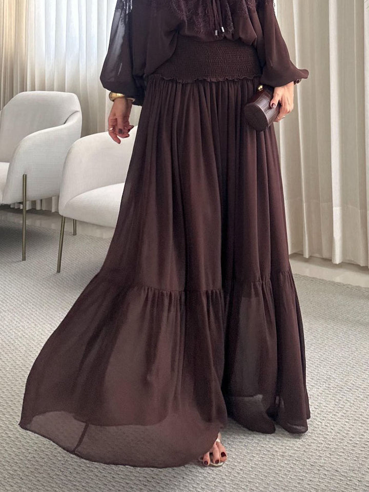 Elegant Lace-Panel Lantern Sleeve Chiffon Blouse