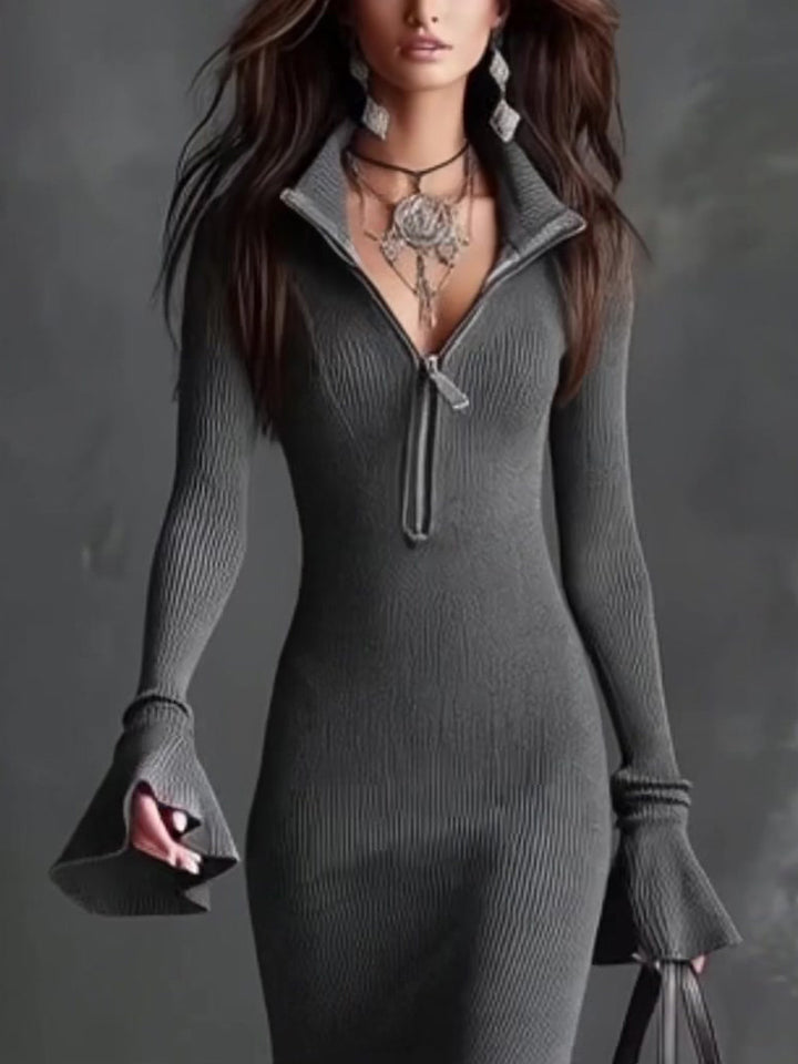 Casual Square Neck Zipper Fishtail Knit Midi Dress