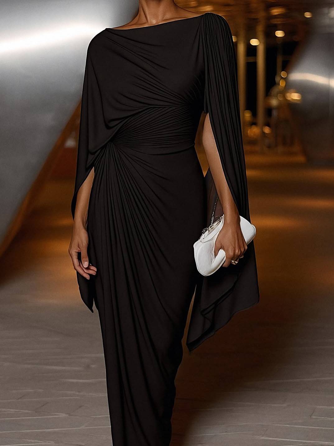 Boat Neck Pleated Slim Fit Maxi Dress
