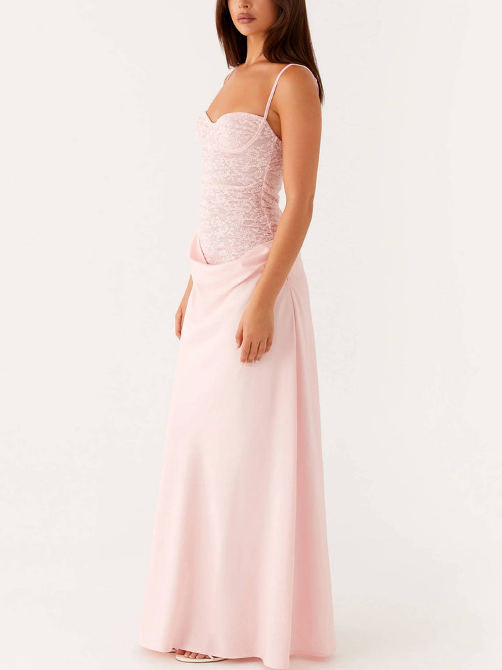 Slim-Fit Lace Splicing Pleated Skirt Maxi Sling Dress