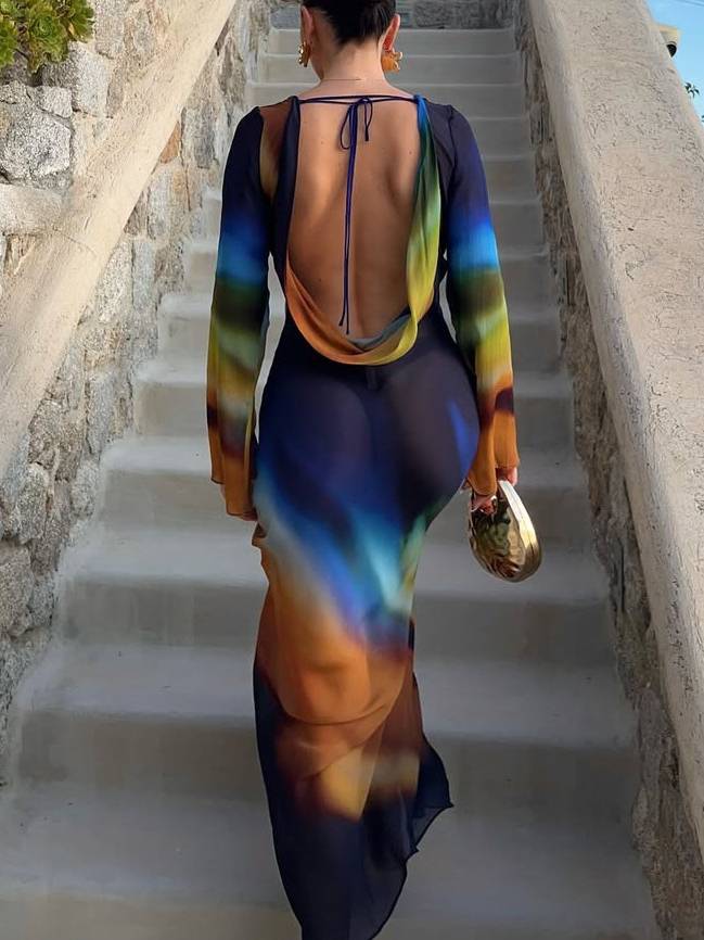 Vacation Style Gradient Color See-through Hollow Maxi Dress