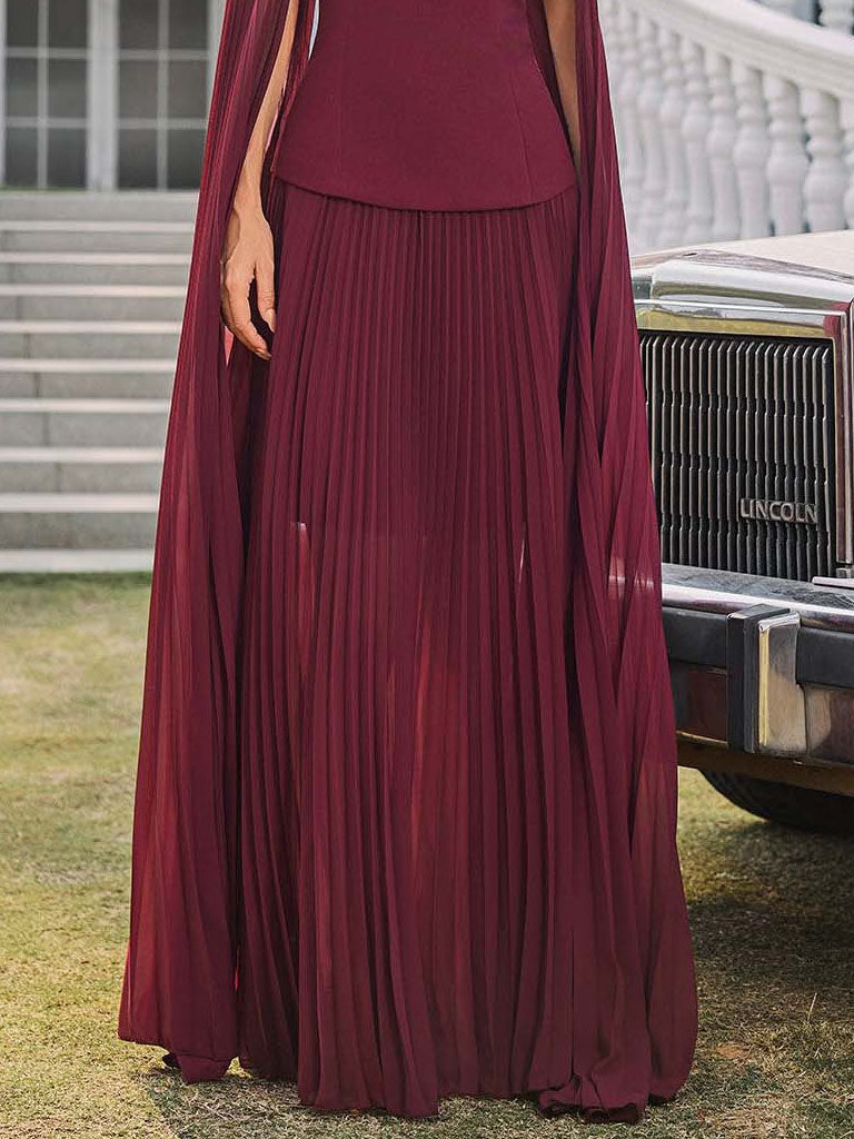 Elegant Off-shoulder Pleated Shawl Maxi Skirt Set