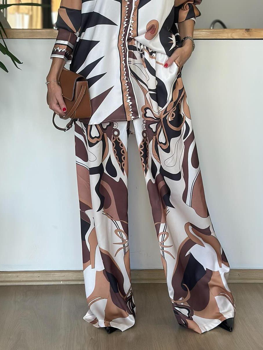 Unique Abstract Print Wide-Leg Satin Pants