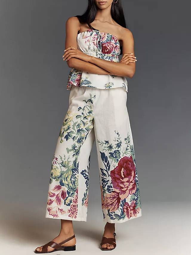 Floral Print Tube Top And Wide-Leg Pants Suit