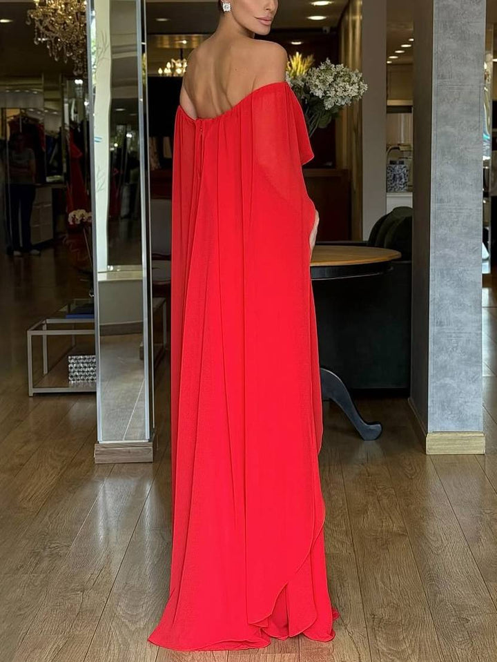 Off-shoulder Shawl Design Multi-layer Maxi Dress