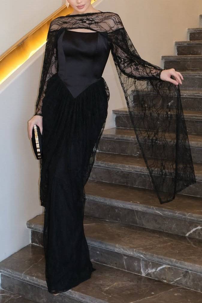 Lace Cape Off-shoulder Long Sleeve Maxi Dress