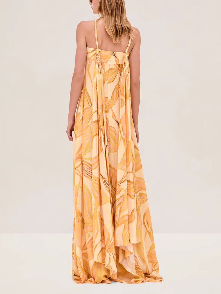 Unique Vibrant Amber Lily Print Flowy Maxi Dress