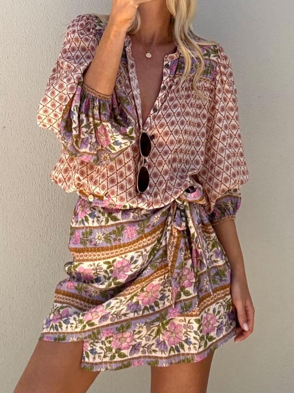 Unique Bohemian Printed Loose Shirt And Tie Skirt Set