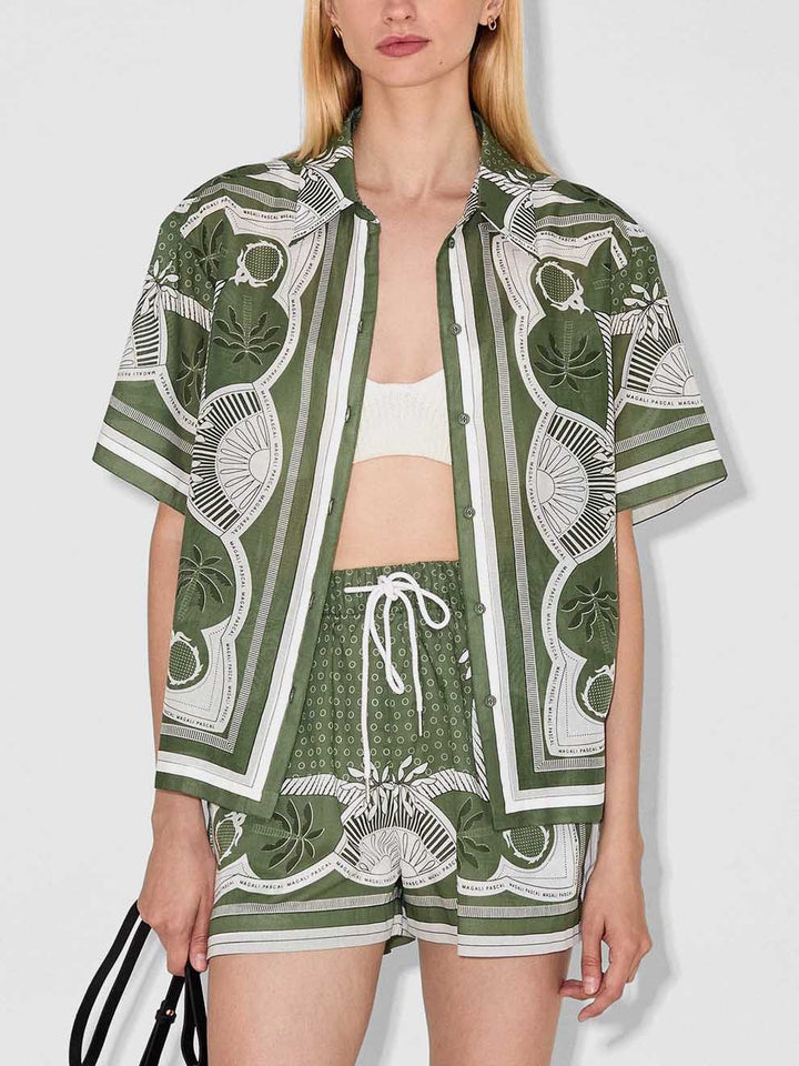 Retro Palm Leaf Print Loose Shorts Two-Piece Set