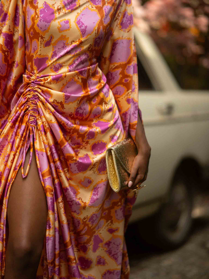 Vibrant Abstract Print Ruched High-Slit Maxi Dress
