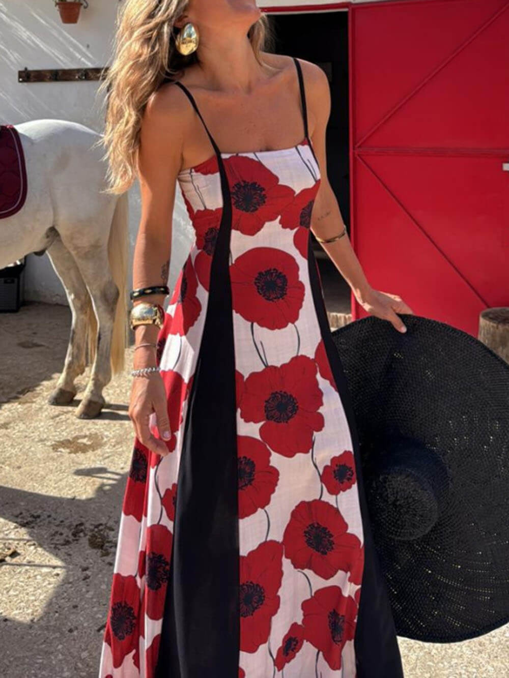 Unique Poppy Print Patchwork Maxi Dress