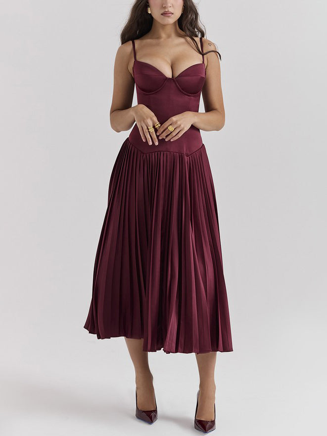 Elegant Sexy Sling Fit Pleated Maxi Dress