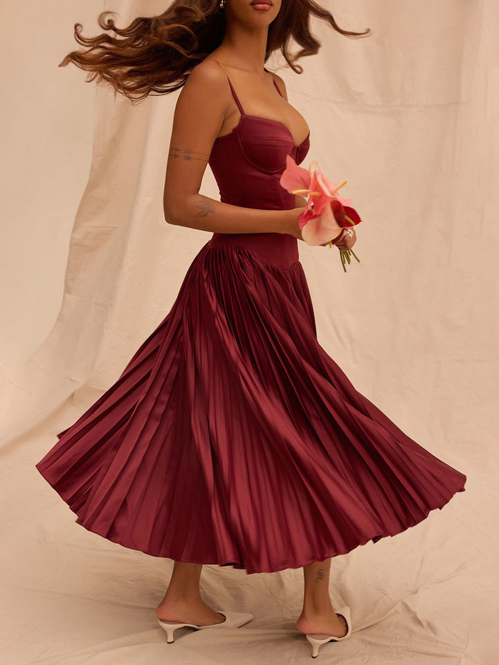 Elegant Sexy Sling Fit Pleated Maxi Dress