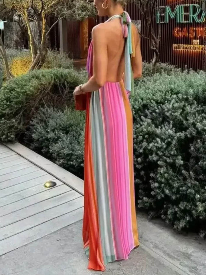 Unique Halterneck Rainbow Print Maxi Dress