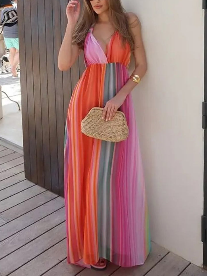 Unique Halterneck Rainbow Print Maxi Dress