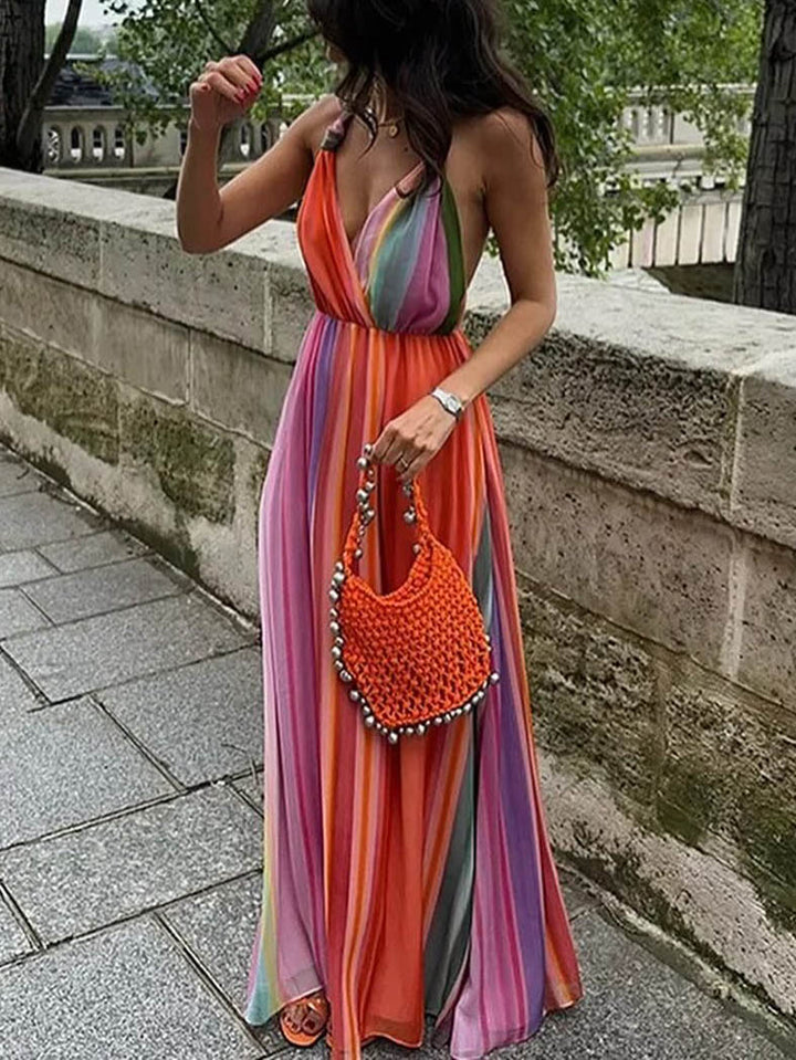 Unique Halterneck Rainbow Print Maxi Dress