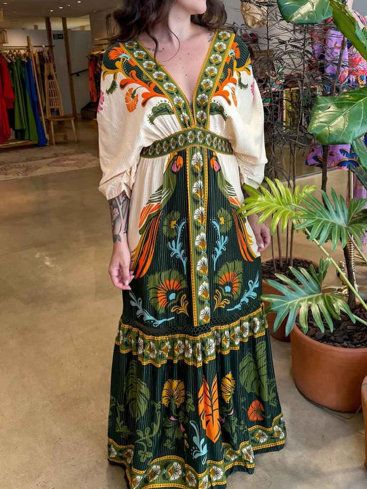 Unique Floral Print Drop Shoulder Sleeves Drawstring Maxi Dress