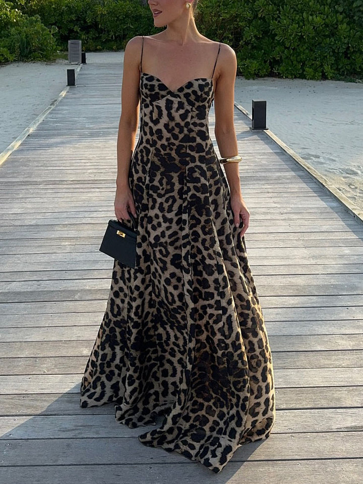 Elegant Statement Strappy Leopard Print Maxi Dress