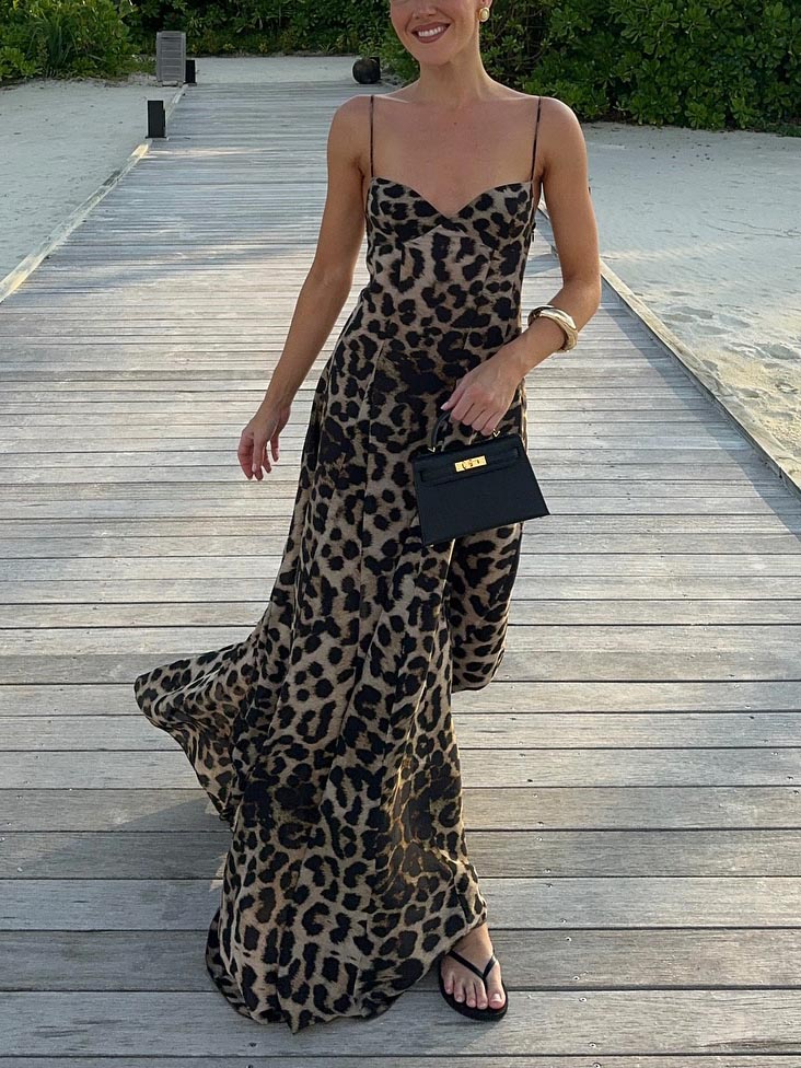 Elegant Statement Strappy Leopard Print Maxi Dress