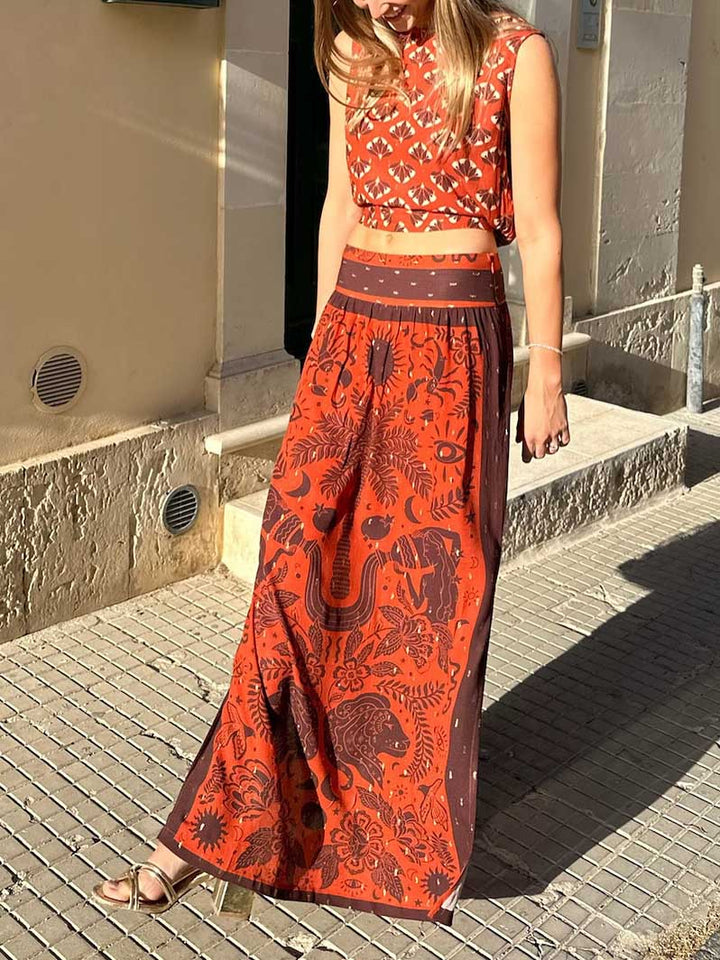 Retro Exquisite Ethnic Print Slit Skirt