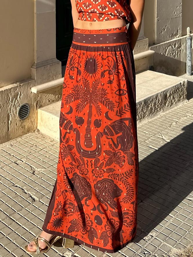 Retro Exquisite Ethnic Print Slit Skirt