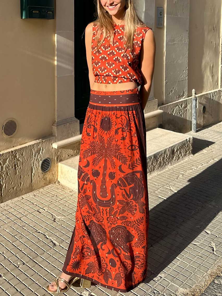 Retro Exquisite Ethnic Print Slit Skirt