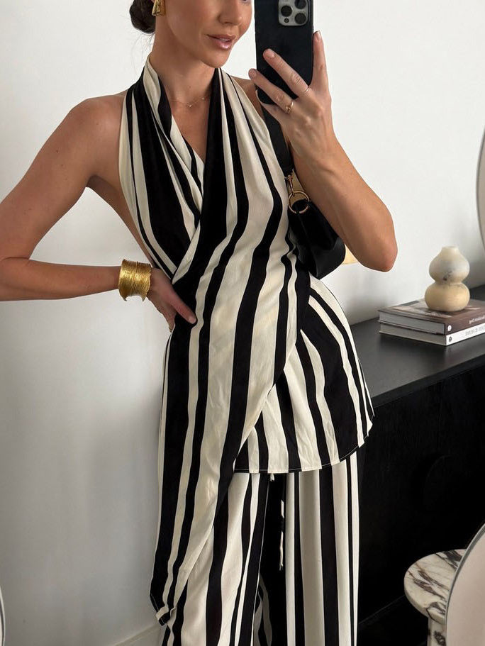 Classic Halter Neck Black Striped Tank Top