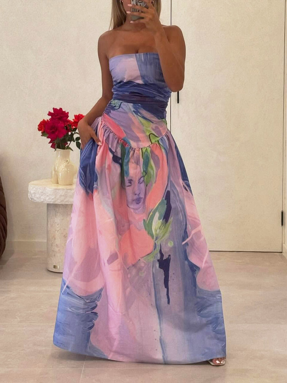 Elegant Oil Painting Printed Off Shoulder Bustier Gown Maxi Dress