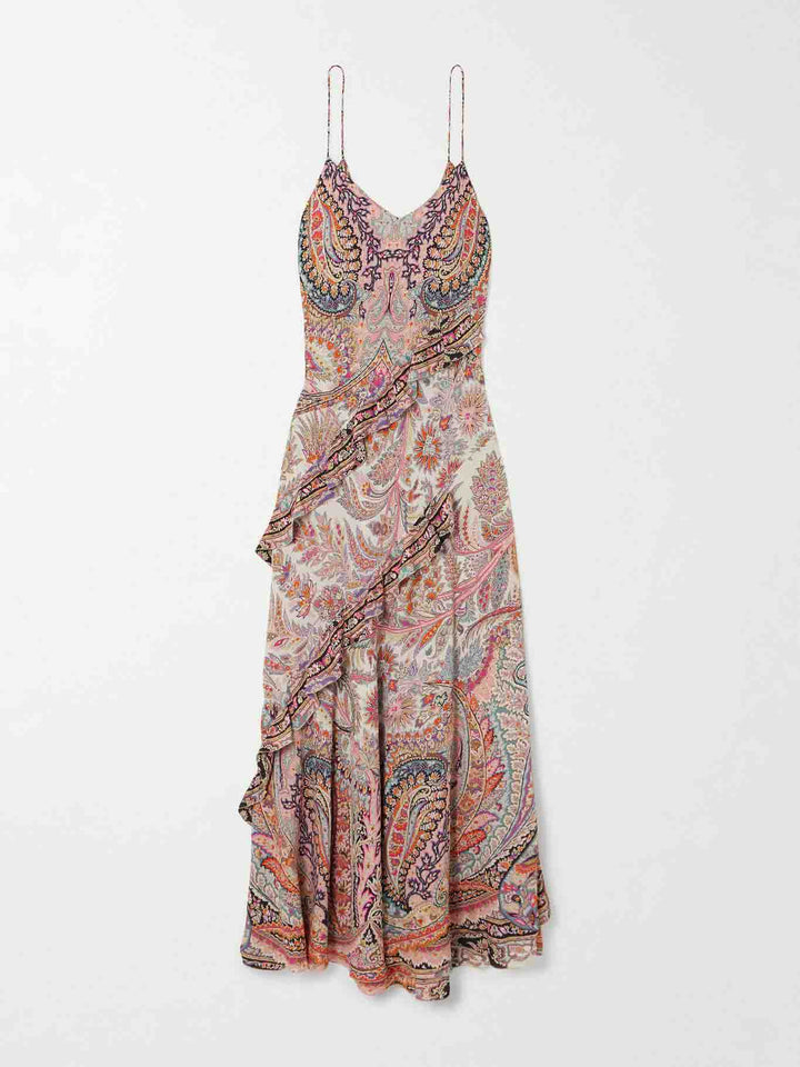 Retro Pirley Print Ruffle Chiffon Midi Dress