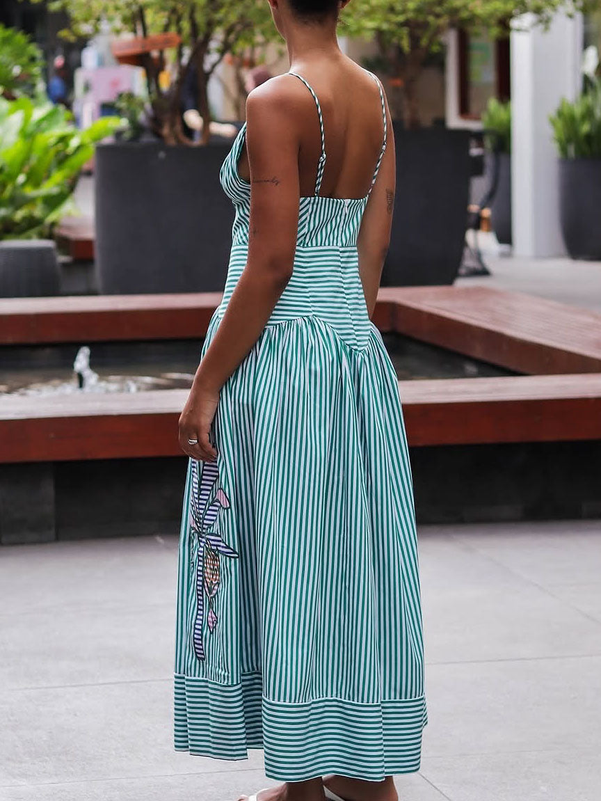 Exquisite V-neck Striped Banana Tree Print Midi Dress