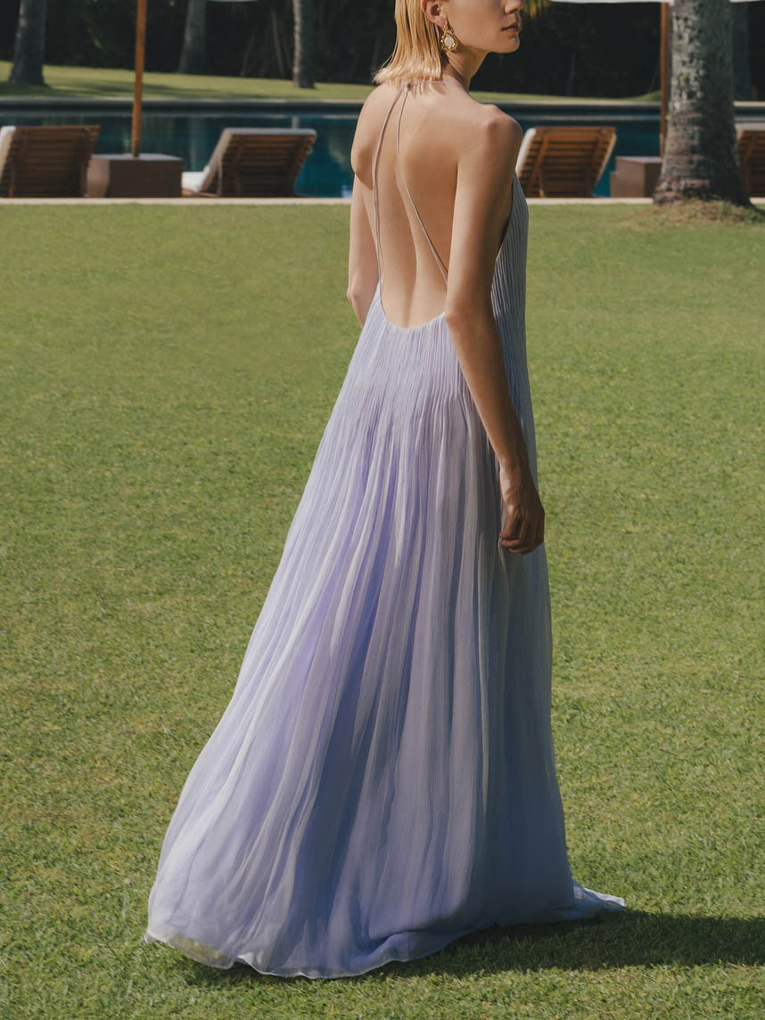 Elegant Pleated V Neck Open Back Maxi Dress