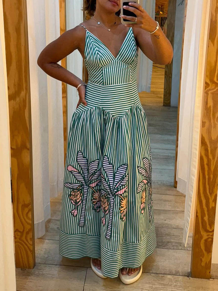 Exquisite V-neck Striped Banana Tree Print Midi Dress