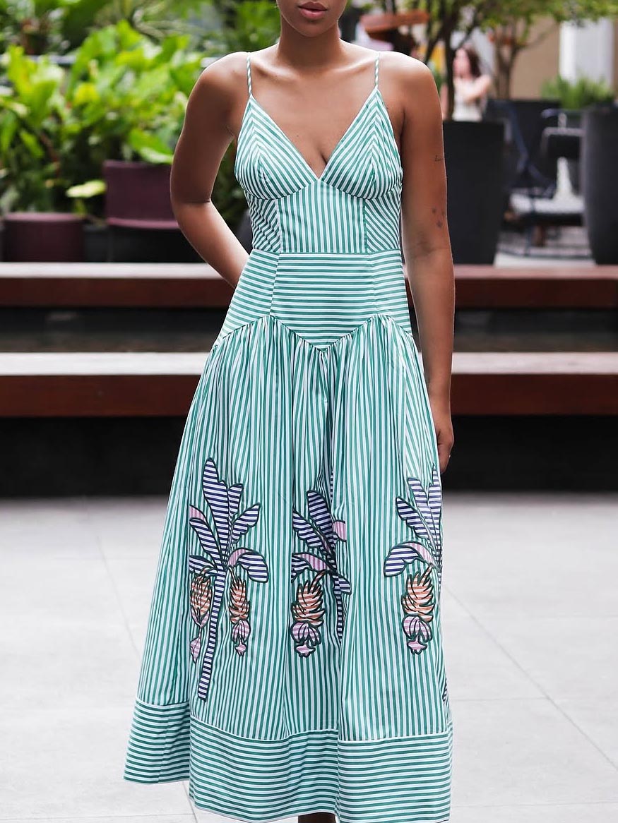 Exquisite V-neck Striped Banana Tree Print Midi Dress