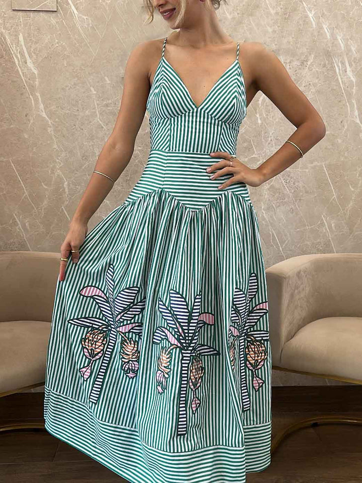 Exquisite V-neck Striped Banana Tree Print Midi Dress