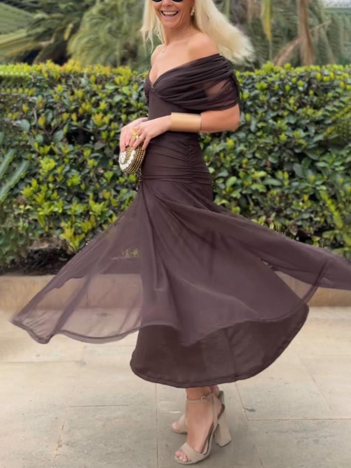 Elegant V-neck Pleated Mesh A-line Maxi Dress