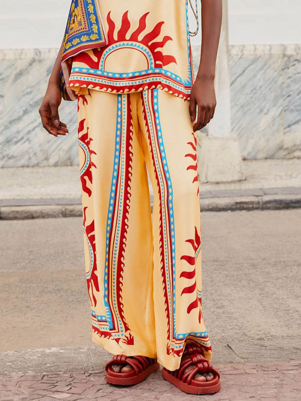 Unique Ethnic Style Sun Print Loose Wide-leg Pants