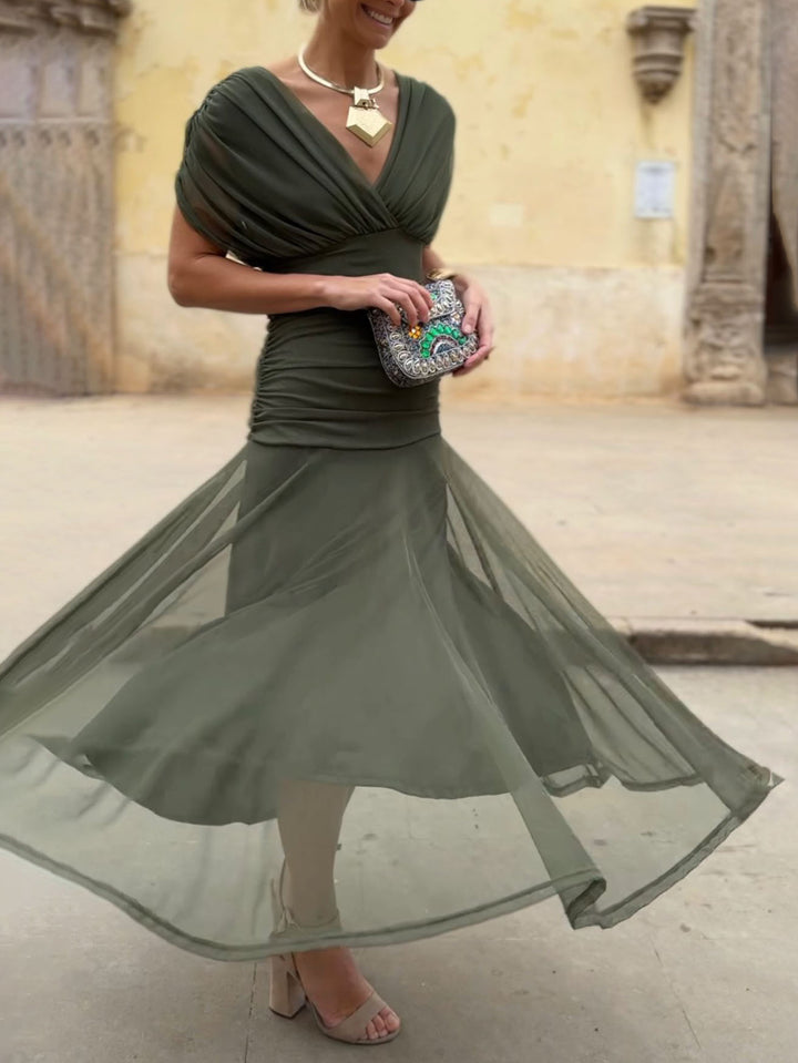 Elegant V-neck Pleated Mesh A-line Maxi Dress