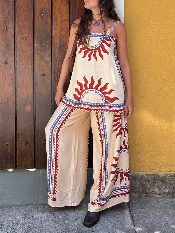 Unique Ethnic Style Sun Print Loose Wide-leg Pants