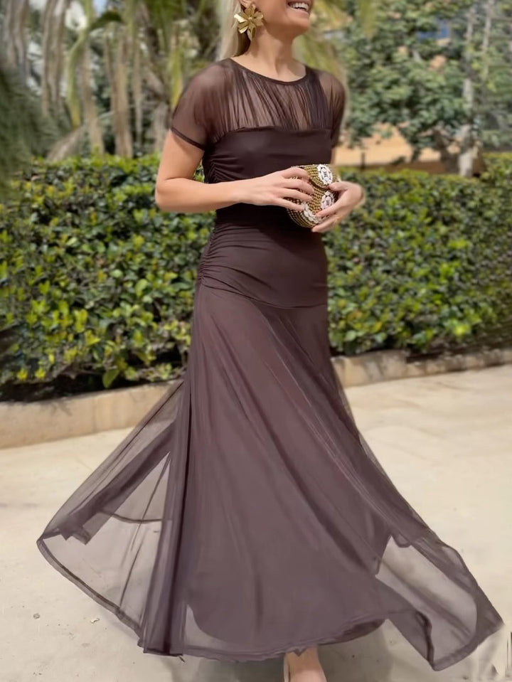 Elegant Mesh Pleated Wide-leg Hip-hugging Maxi Dress