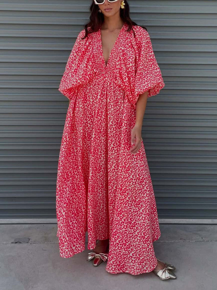 Casual Leopard Print Deep V Neck Maxi Dress