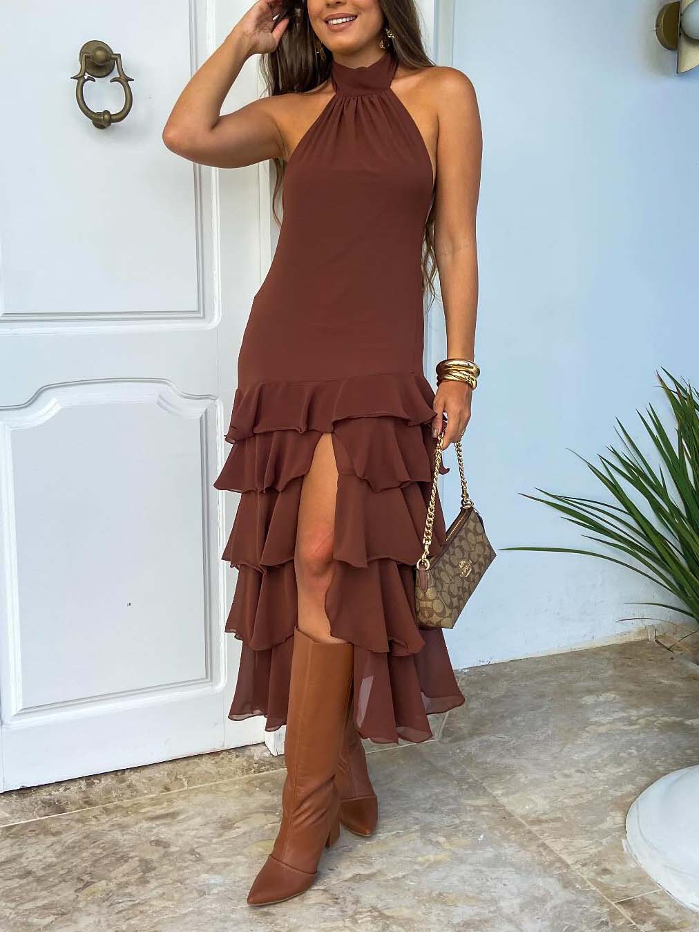 Halter Neck Sleeveless Ruffled Midi Dress