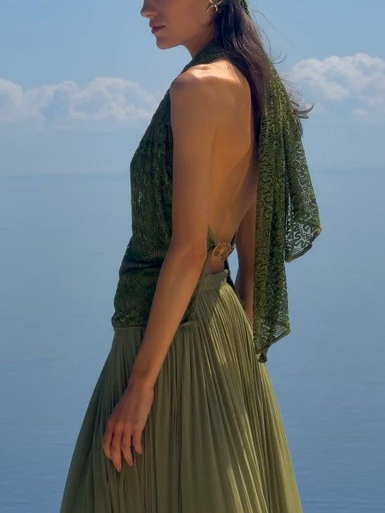 Elegant Deep V Neck Flowing Long Dress Two-piece Set