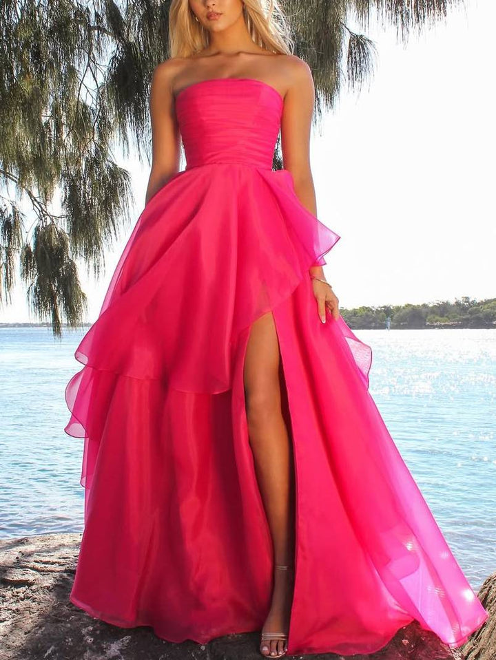 Tube Top Front Slit Multi-layer Maxi Dress
