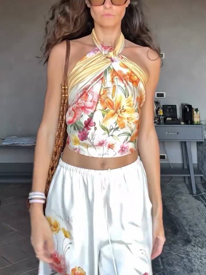 Vacation Style Floral Print Scarf Top And Wide Leg Pants Set-Top