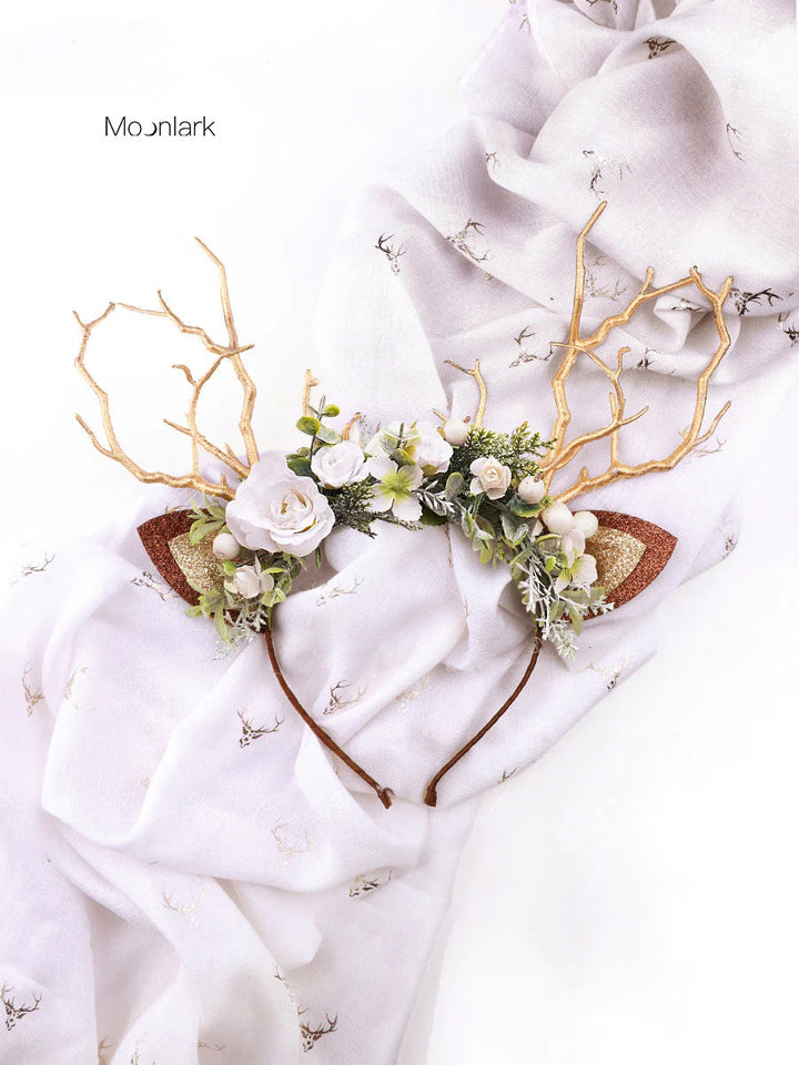 Diadema de reno navideño blanca y salvia