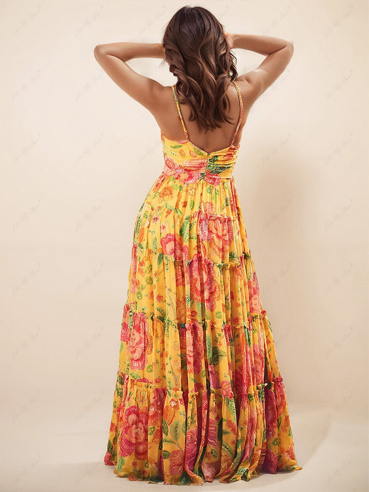 Hanging Neck Printed Floral Design Backless Straight Maxi Dress